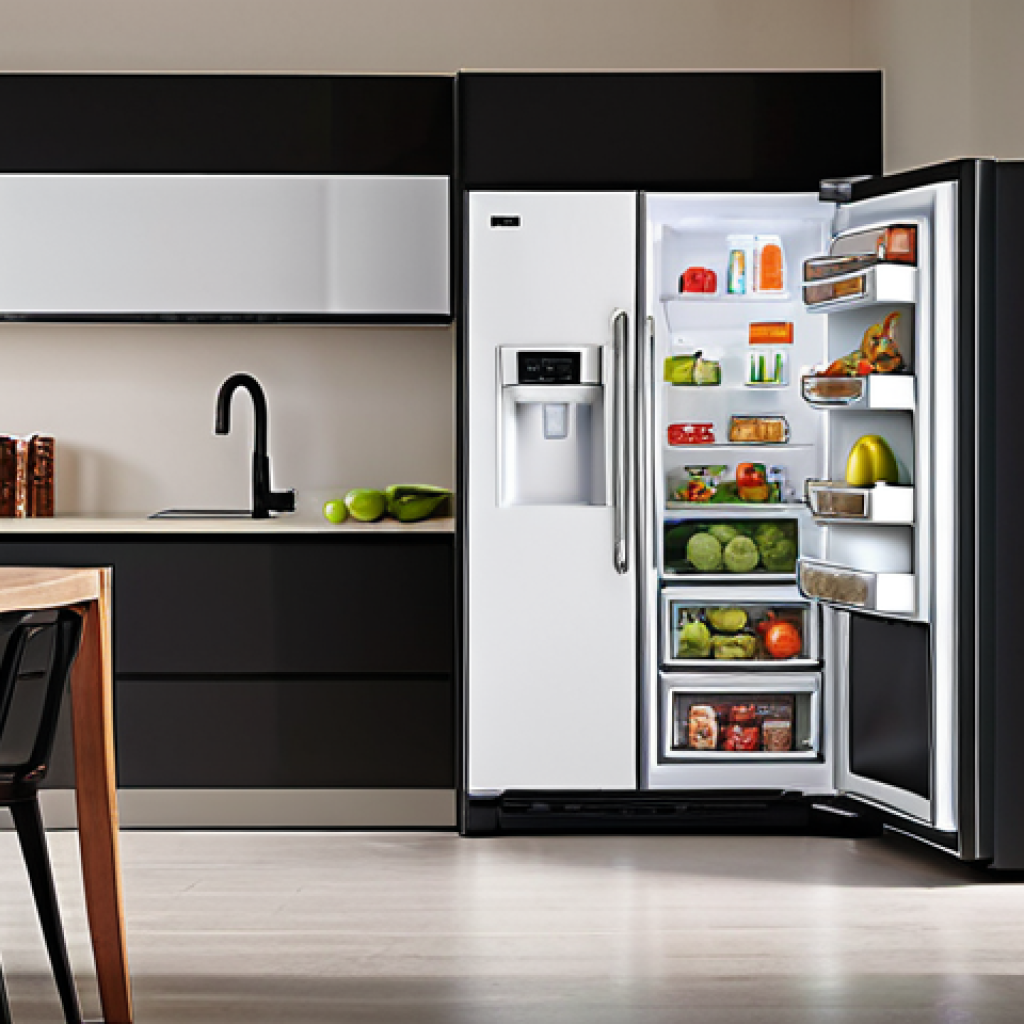 ** A modern kitchen showcasing an A+++ energy-rated refrigerator. The energy label is clearly visible, highlighting its efficiency. Focus on the refrigerator's sleek design and how it fits into the kitchen.

**