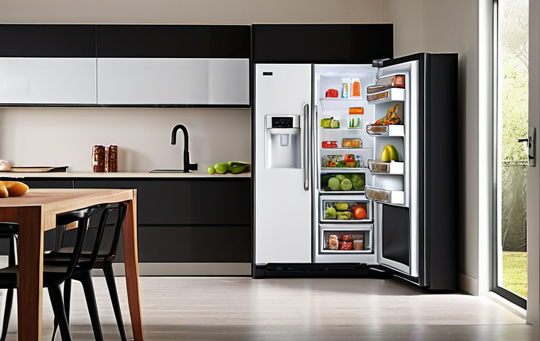 ** A modern kitchen showcasing an A+++ energy-rated refrigerator. The energy label is clearly visible, highlighting its efficiency. Focus on the refrigerator's sleek design and how it fits into the kitchen.

**