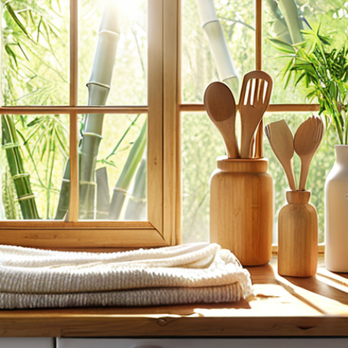 Home 18 A bright, modern kitchen featuring bamboo utensils, natural cleaning products, and organic cotton cloths. Sunlight streams through the window onto a wooden countertop. Emphasize a clean and sustainable aesthetic.