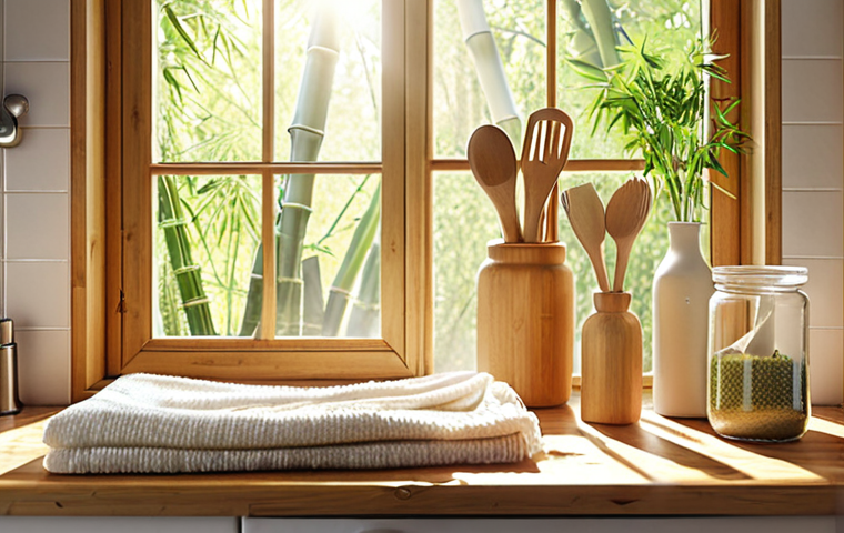 A bright, modern kitchen featuring bamboo utensils, natural cleaning products, and organic cotton cloths. Sunlight streams through the window onto a wooden countertop. Emphasize a clean and sustainable aesthetic.