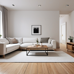 ** A minimalist, tidy home interior. Focus on decluttered spaces, perhaps showing a living room or bedroom with only essential furniture, light colors, and a sense of calm.

**